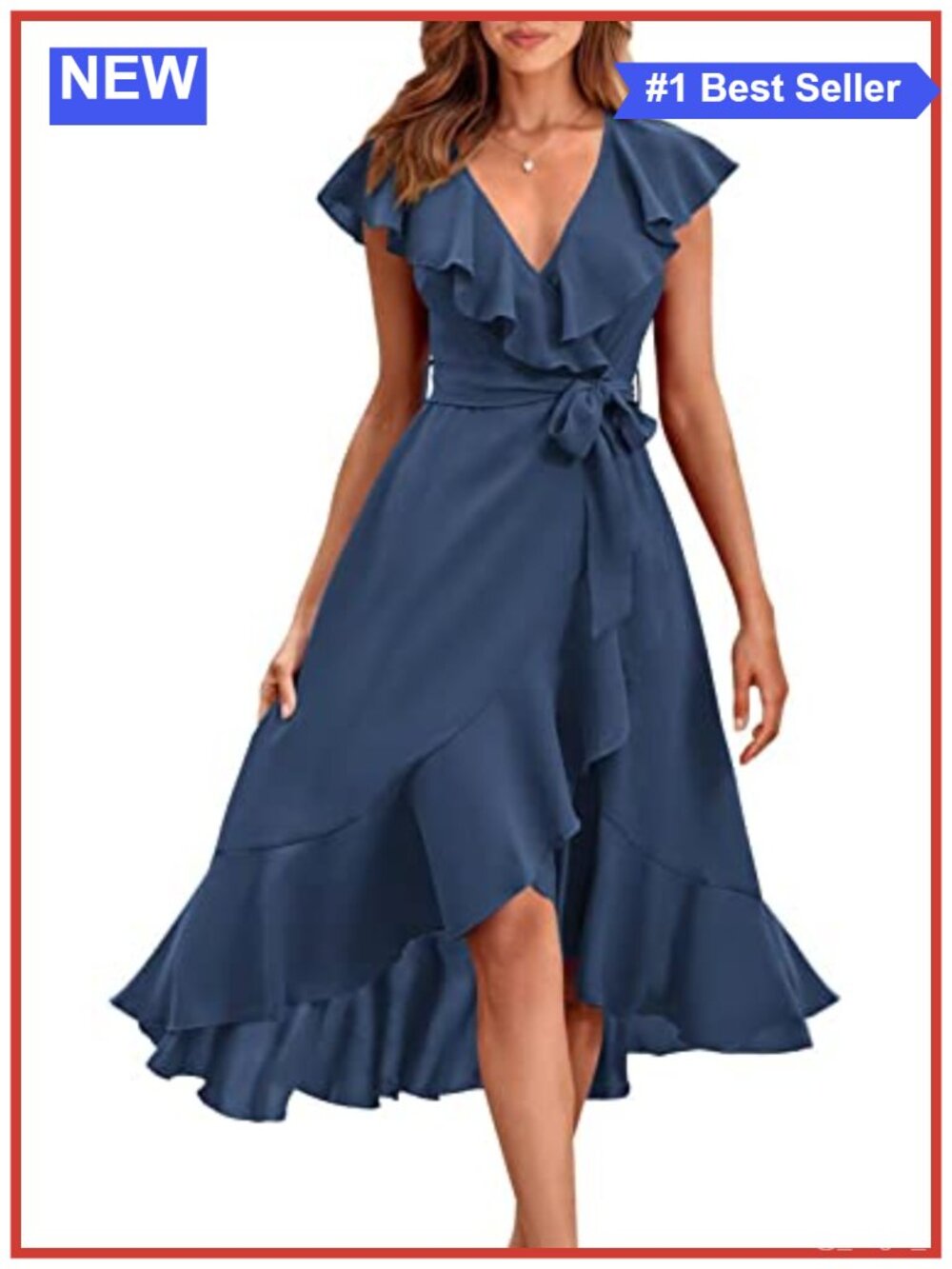 Women's Summer Cross V Neck Ruffle Hem Midi Dress Casual Boho Beach